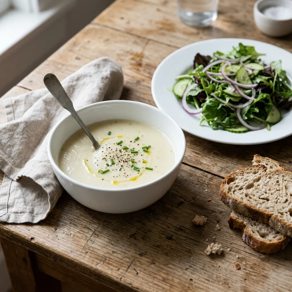 White bowl of creamy potato soup with a green salad and sourdough slices on a wooden table