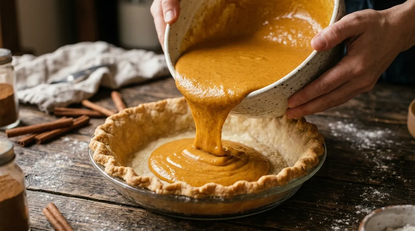 Pouring smooth pumpkin pie filling made with heavy cream into a pre-baked pie crust