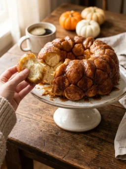 Pull apart monkey bread with caramel glaze, one fluffy piece being torn off