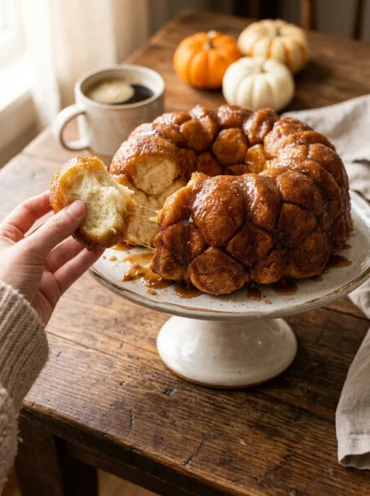 Pull apart monkey bread with caramel glaze, one fluffy piece being torn off