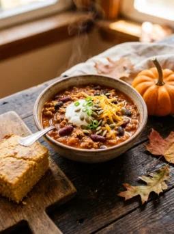 Bowl of pumpkin chili with beans, sour cream, cheddar and green onions next to cornbread