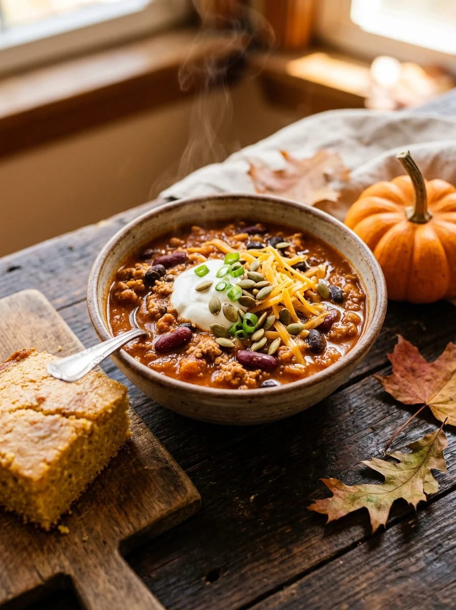 Bowl of pumpkin chili with beans, sour cream, cheddar and green onions next to cornbread