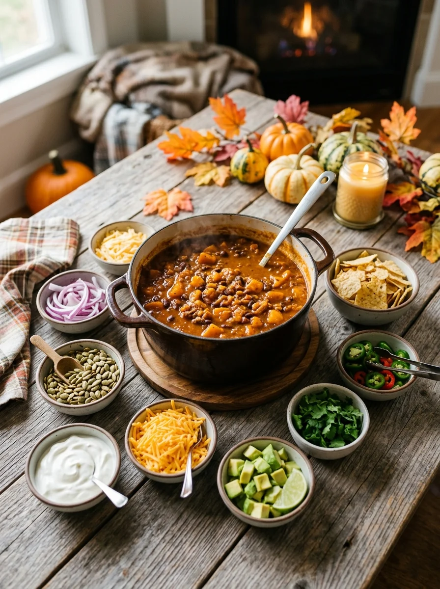 Pot of pumpkin chili with bowls of sour cream, cheese, avocado, jalapenos and pepitas