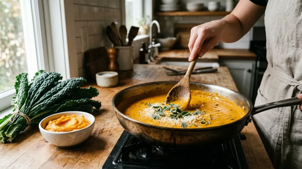Creamy pumpkin pasta sauce with sage being stirred in a skillet, kale on the counter