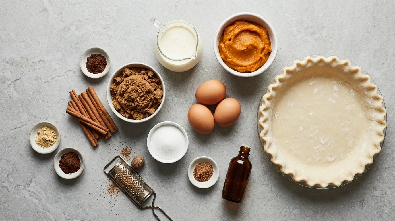 Overhead view of pumpkin pie ingredients: pumpkin puree, heavy cream, eggs, brown sugar, spices and an unbaked crust