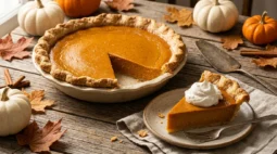 Pumpkin pie without evaporated milk with a golden crimped crust, one slice topped with whipped cream