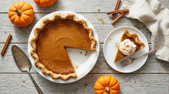 Pumpkin sugar pie made from a fresh pie pumpkin with one slice cut out, whipped cream and small sugar pumpkins