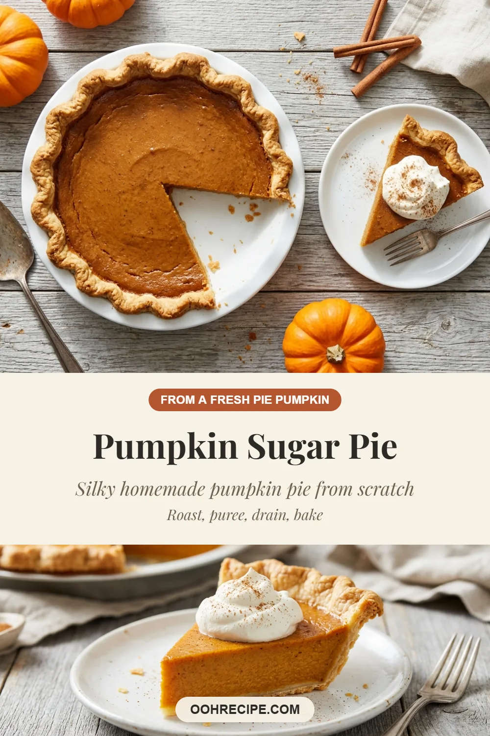 Pumpkin sugar pie from scratch with a slice and whipped cream, with a recipe title banner