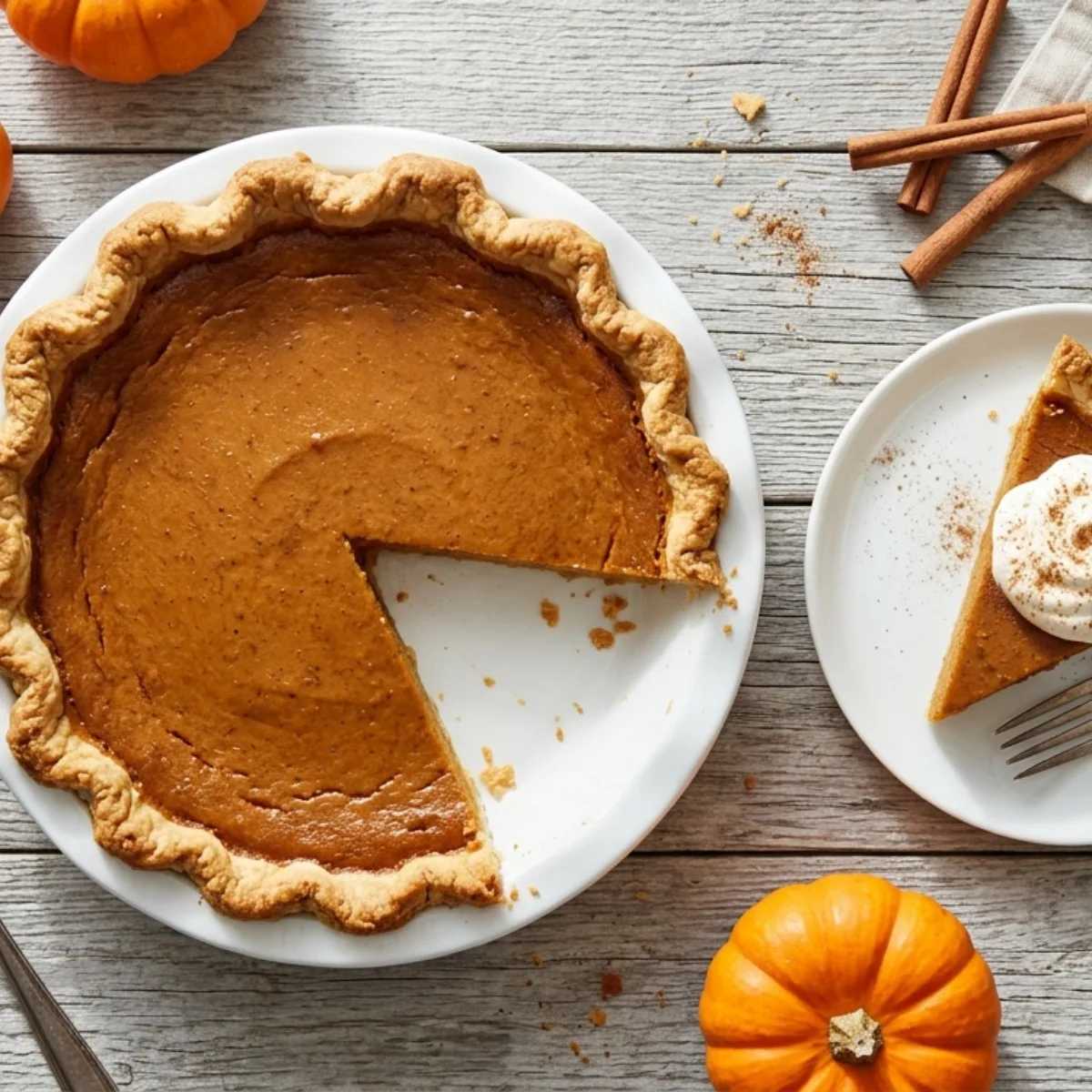 Homemade pumpkin sugar pie in a white pie plate with a slice cut out