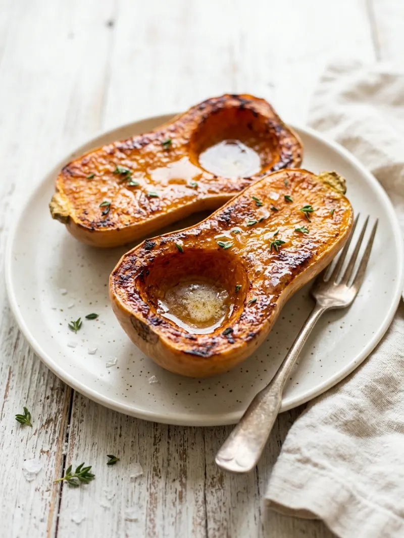 Two roasted honeynut squash halves glazed with maple butter on a plate with a fork