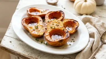 Roasted honeynut squash halves with maple butter and thyme on a white platter