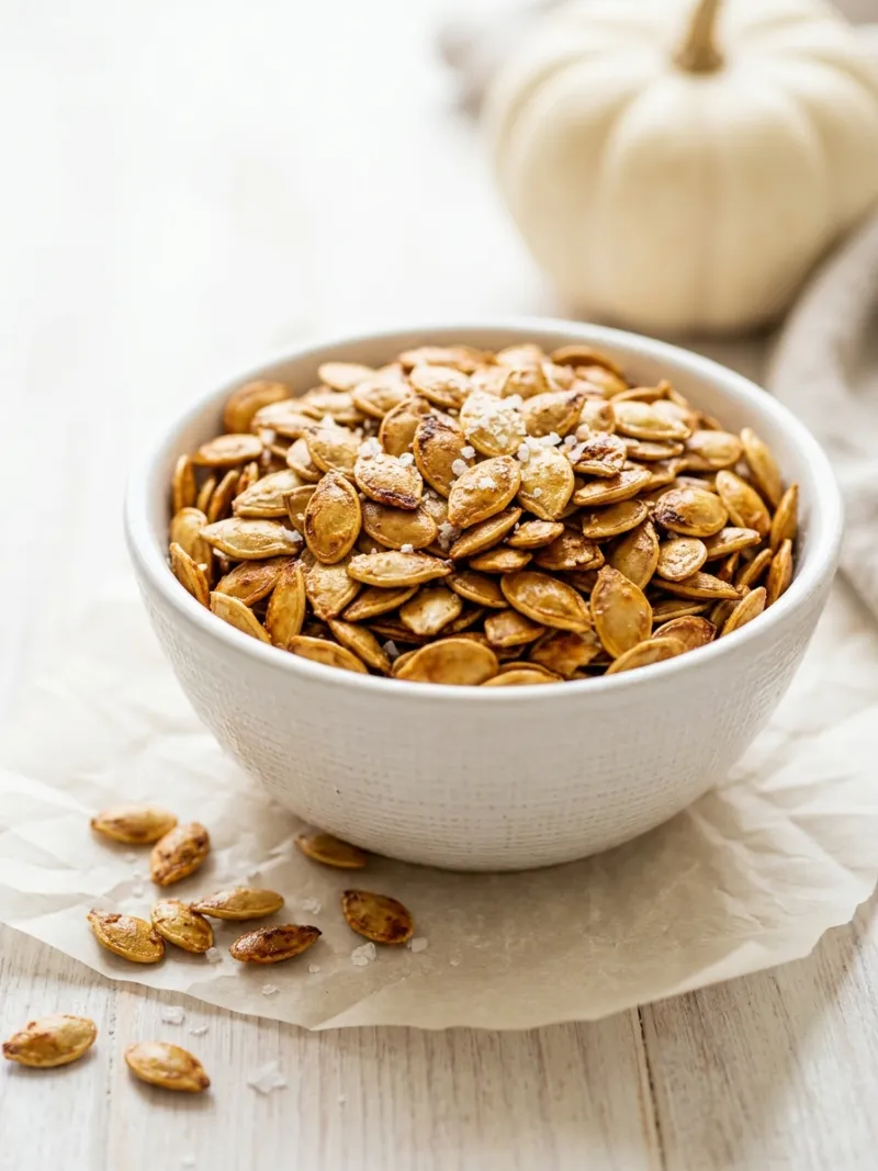 Bowl of crunchy roasted pumpkin seeds sprinkled with flaky salt