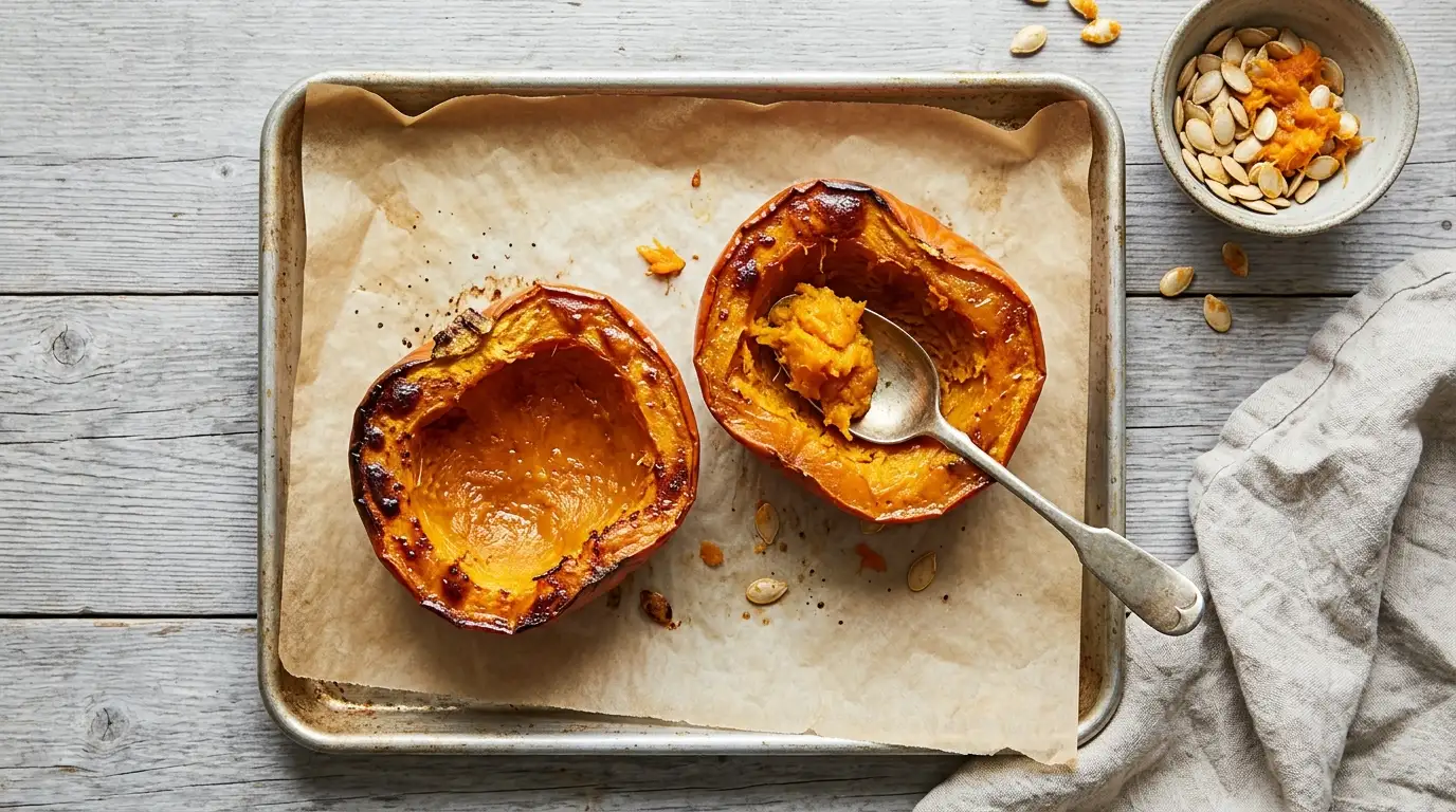Roasted sugar pie pumpkin halves on a parchment-lined baking sheet with a spoon scooping the soft flesh