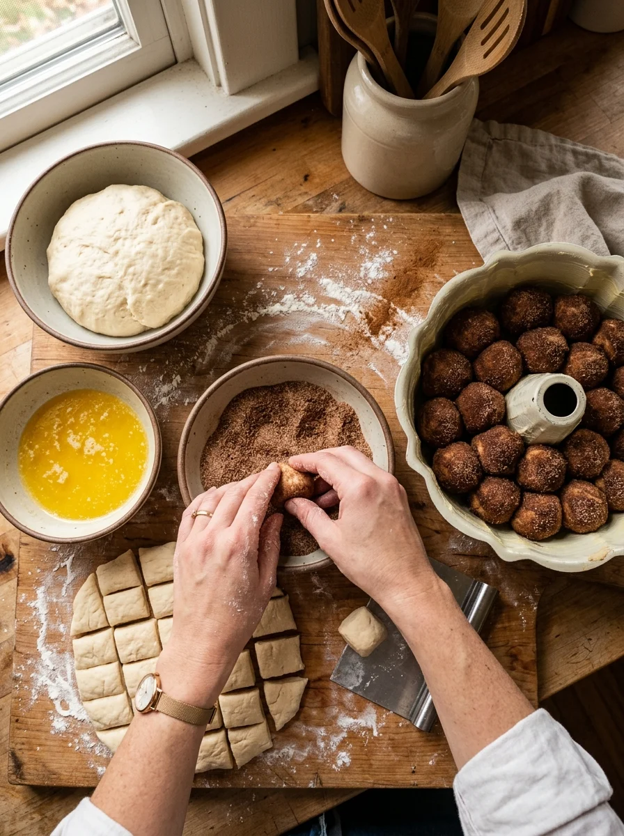 Hands rolling monkey bread dough balls in cinnamon sugar beside a buttered bundt pan