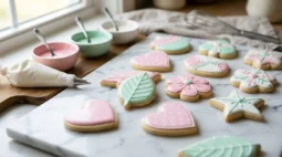Sugar cookies decorated with glossy pastel royal icing next to a piping bag and bowls of colored icing