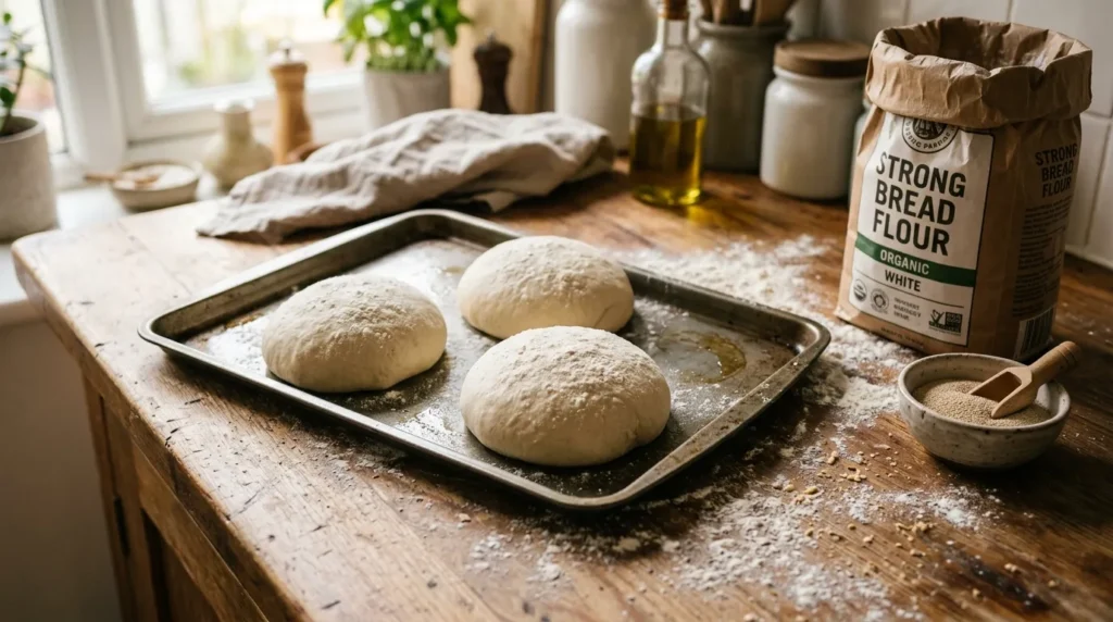 Three same day pizza dough balls rising on an oiled tray next to a bag of bread flour