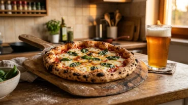 Homemade margherita pizza with a blistered, airy crust made with same day pizza dough