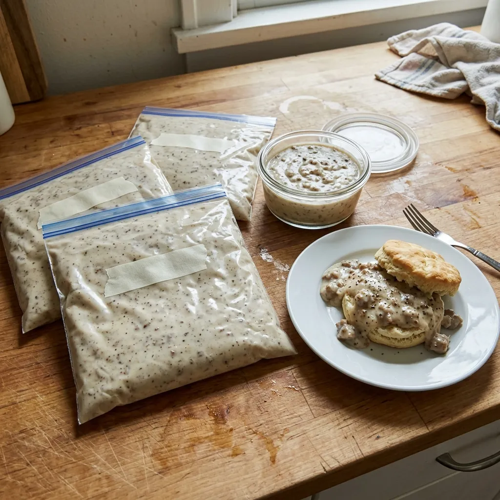 Flat freezer bags and a glass container of sausage gravy next to a biscuit with reheated gravy on a white plate
