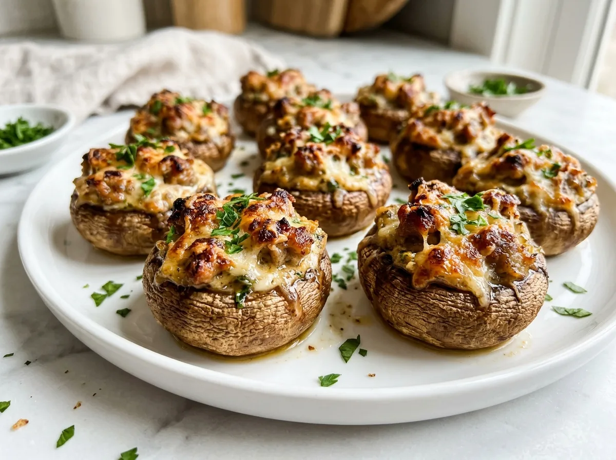 Sausage stuffed mushrooms with Parmesan on a white platter