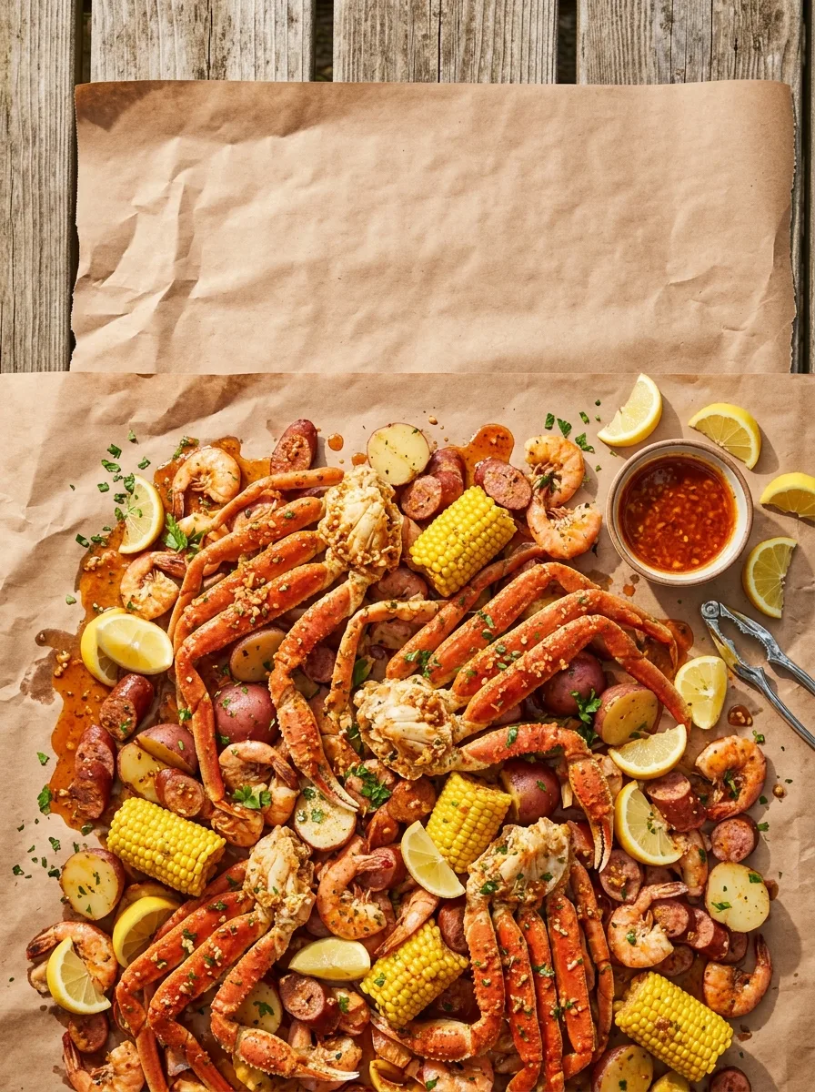 Overhead seafood boil spread coated in red-orange garlic butter Cajun sauce on butcher paper