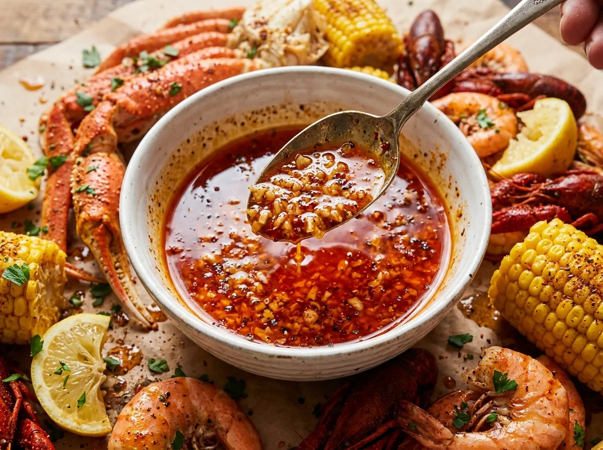 Bowl of garlic butter Cajun seafood boil sauce with a spoon, surrounded by crab legs, shrimp, crawfish, corn and lemon