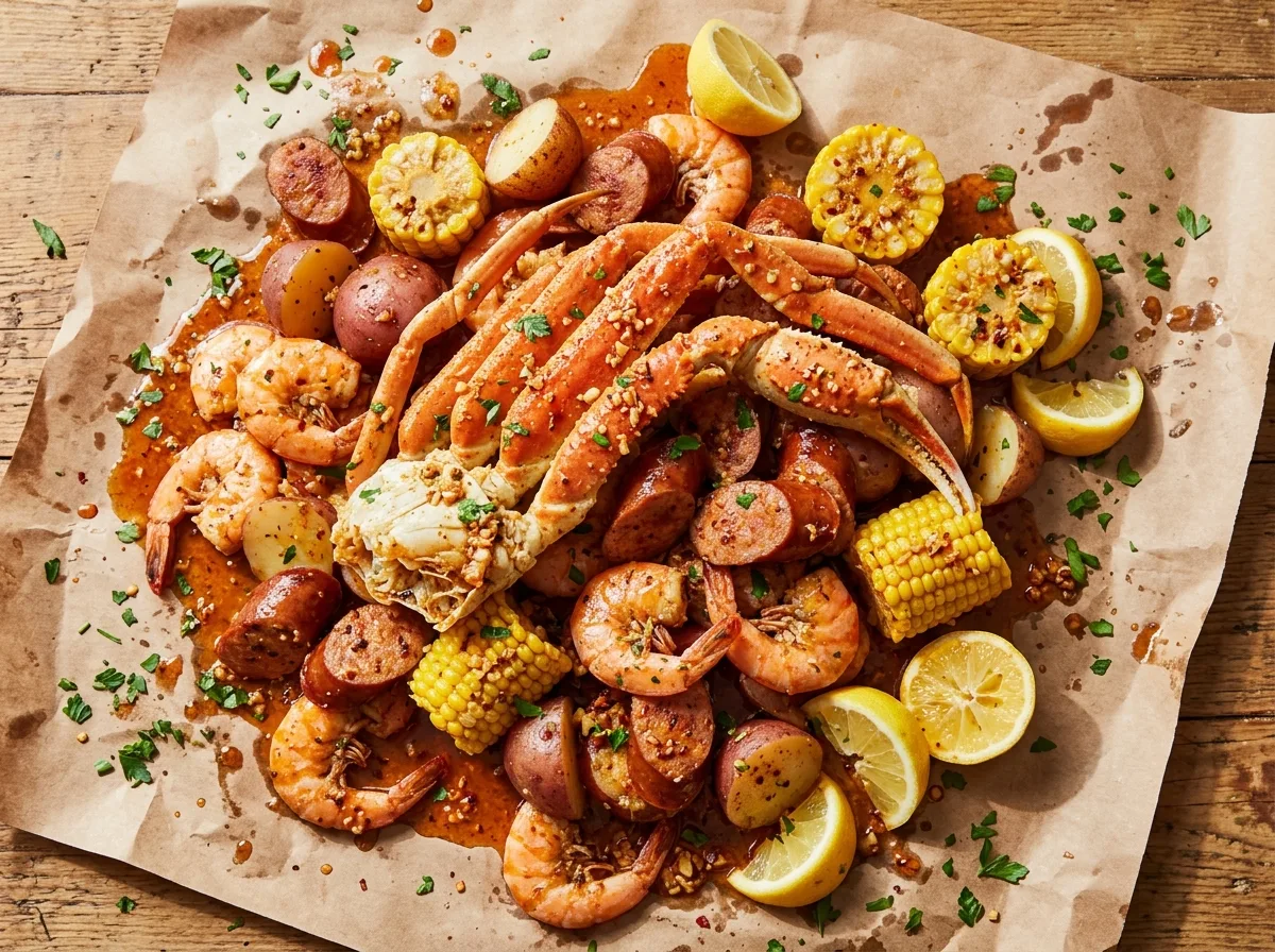 Seafood boil with shrimp, crab legs, corn, potatoes and sausage tossed in garlic butter sauce on butcher paper