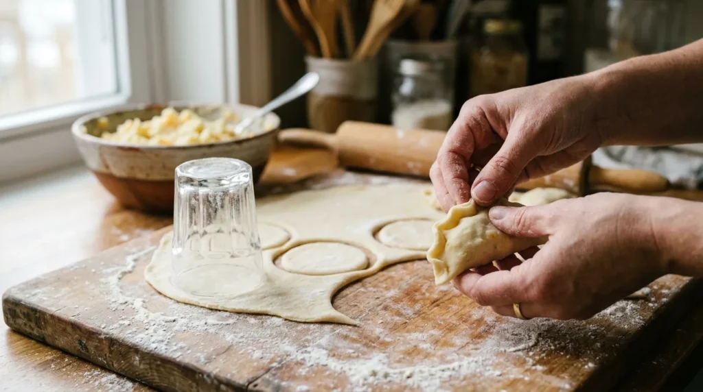 Hands pinching the edge of a pierogi on a floured board with dough circles cut out