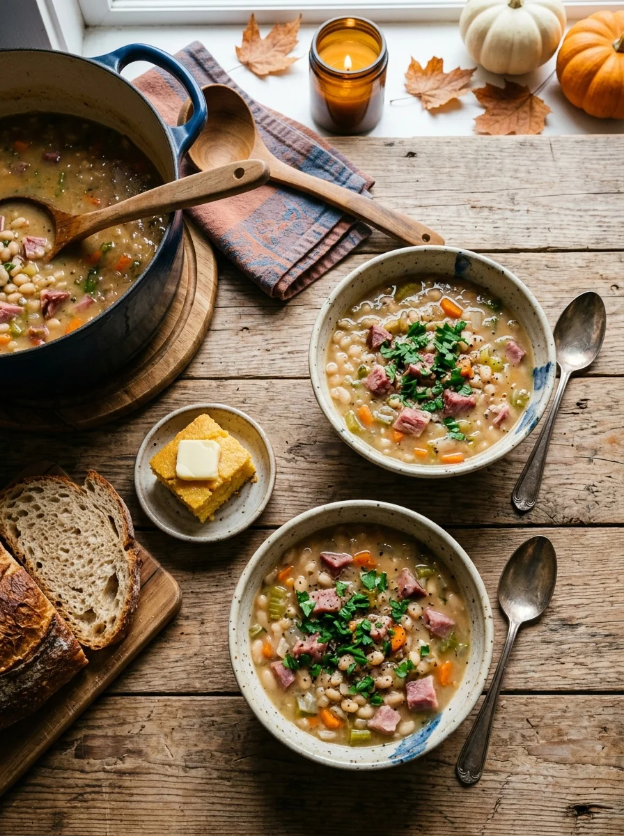 Two bowls of navy bean and ham soup with cornbread on a wooden table