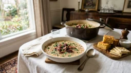 Senate bean soup with navy beans and ham hock in a white bowl with cornbread