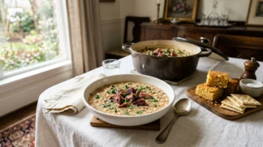 Senate bean soup with navy beans and ham hock in a white bowl with cornbread