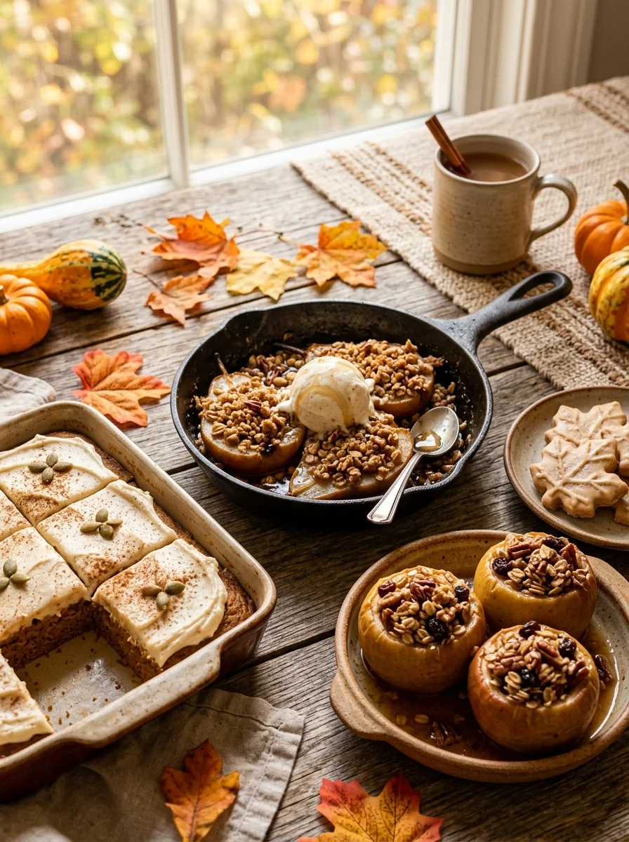 Simple fall desserts: pumpkin bars, pear crisp with ice cream and baked apples on a wooden table