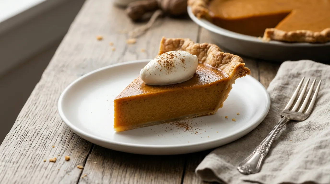 Slice of creamy pumpkin pie with whipped cream and cinnamon on a white plate