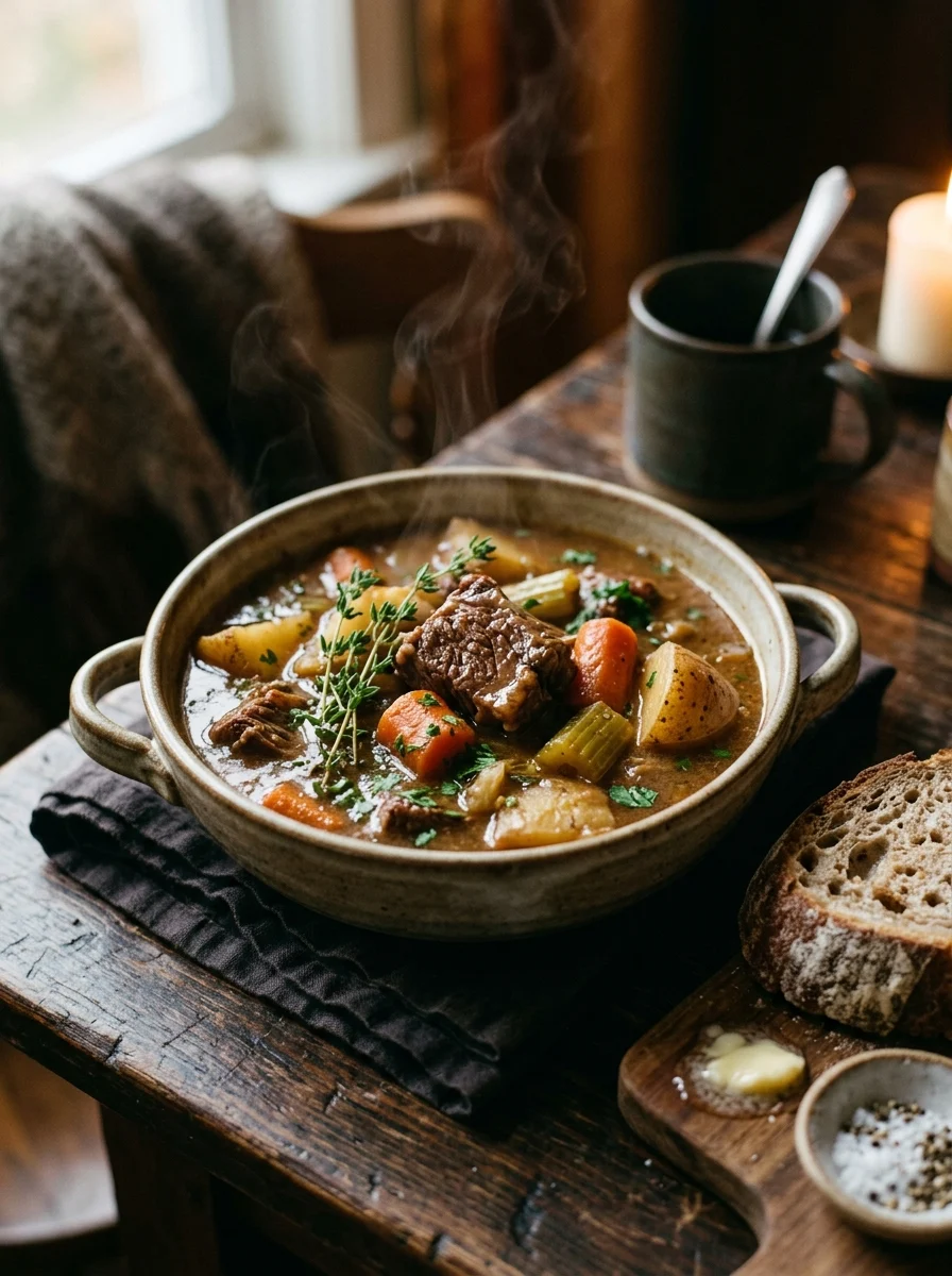 Slow cooker beef stew with carrots and potatoes in a pot with crusty bread