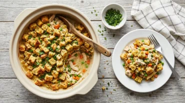 Slow cooker chicken stuffing casserole in a stoneware crock with golden stuffing, parsley and a plated serving