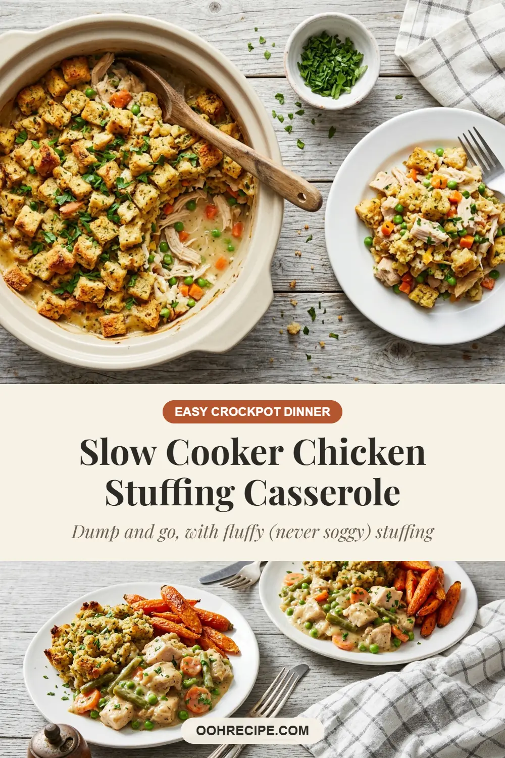 Slow cooker chicken stuffing casserole in a crock and two plated servings with a recipe title banner