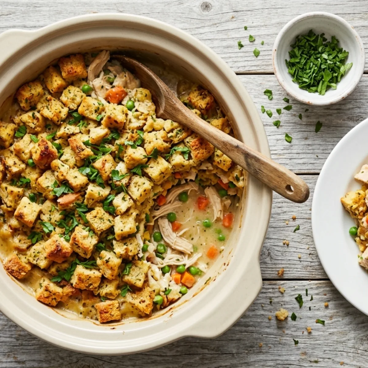 Slow cooker chicken stuffing casserole with golden herb stuffing and parsley in a stoneware crock