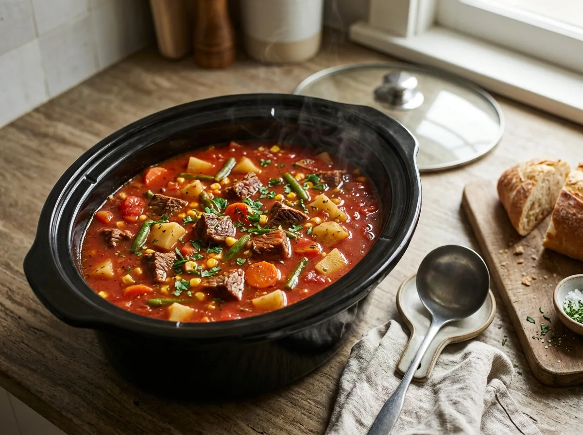 Vegetable beef soup with beef, potatoes, carrots, green beans and corn cooking in a slow cooker