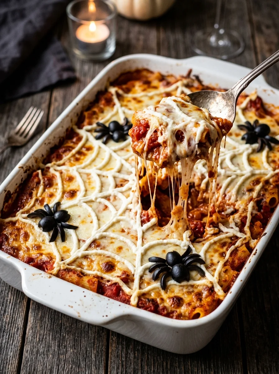 Spiderweb baked ziti with ricotta web and olive spiders, cheesy portion lifted with a spoon
