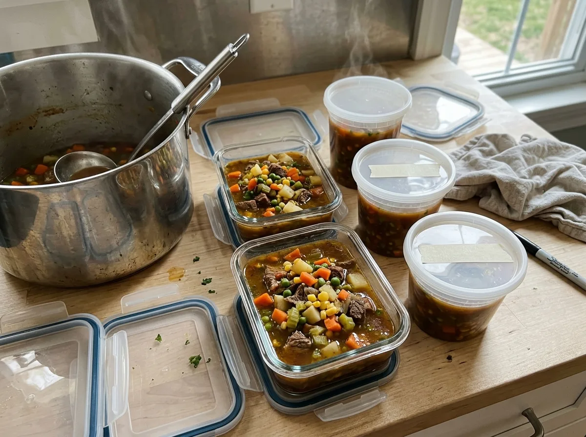 Vegetable beef soup portioned into glass meal prep and freezer containers next to the pot
