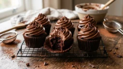 Super moist chocolate cupcakes with swirled chocolate buttercream, one with a bite showing the crumb