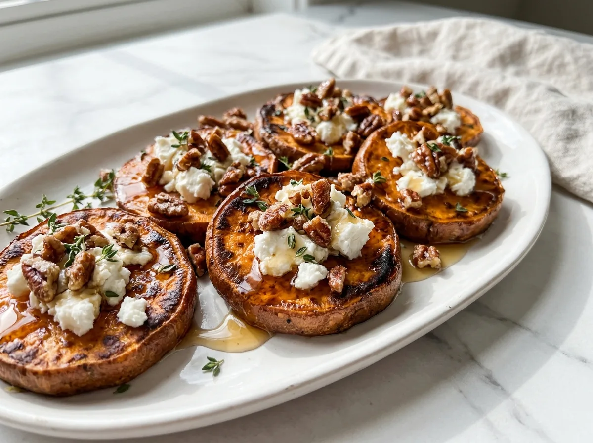 Sweet potato rounds with goat cheese, pecans and maple