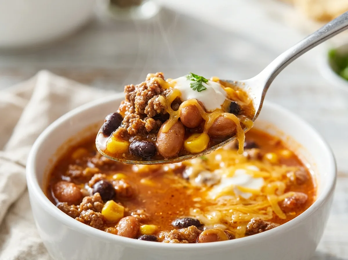 Spoonful of hearty taco soup with ground beef, beans, corn and melted cheddar