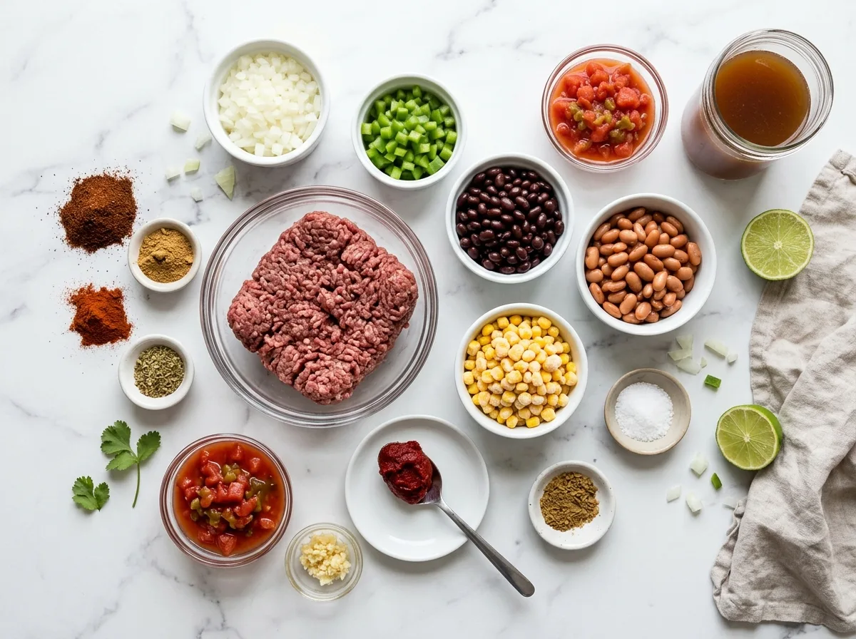 Ingredients for easy taco soup: ground beef, onion, bell pepper, Rotel tomatoes, black and pinto beans, corn and spices