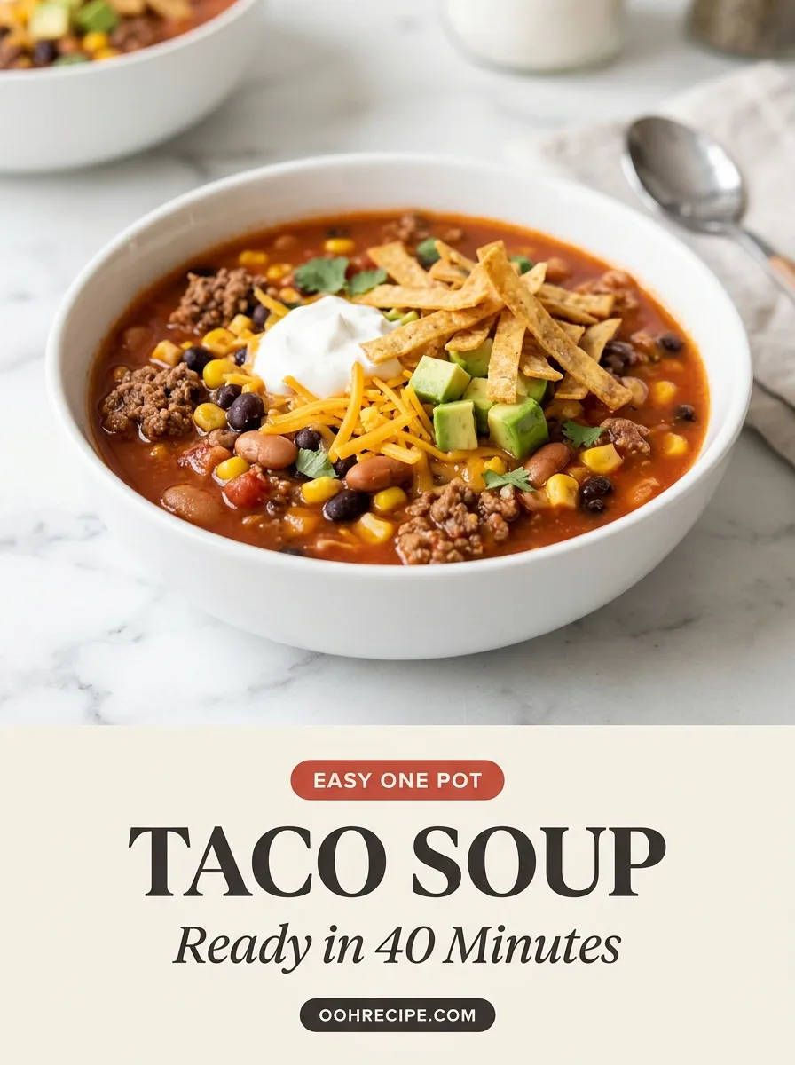 Taco soup easy one pot recipe pin, ready in 40 minutes