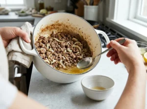 Spooning excess fat out of browned ground beef for taco soup