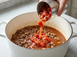 Pouring diced tomatoes with green chiles into taco soup with beef broth
