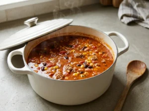 Taco soup simmering in a Dutch oven with beef, beans and corn
