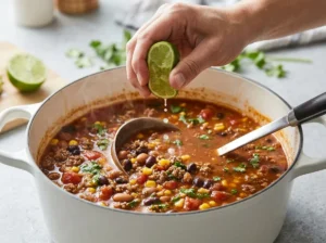 Squeezing fresh lime juice into finished taco soup