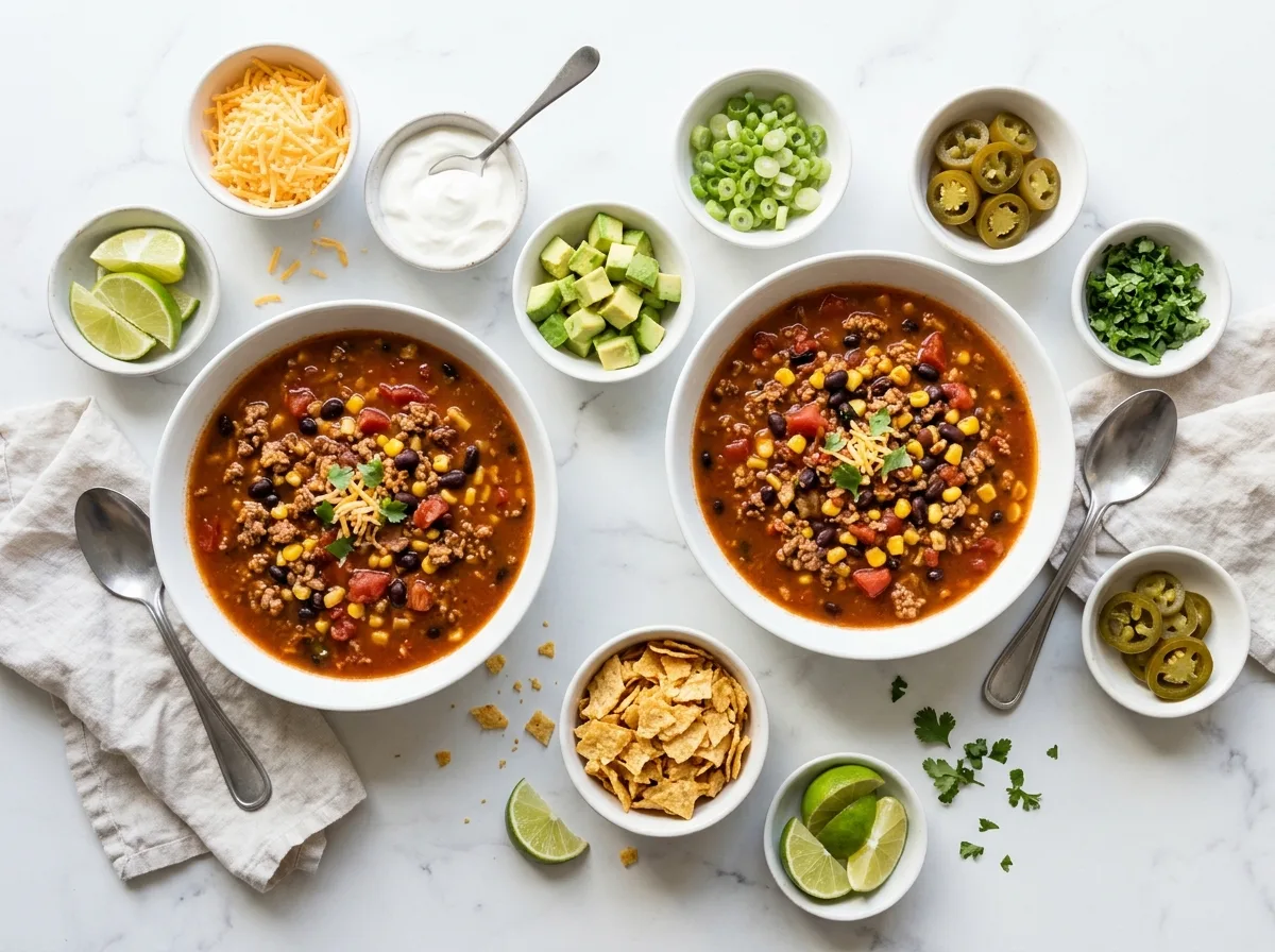 Bowls of taco soup with toppings: cheddar, sour cream, avocado, green onions, jalapenos, cilantro and tortilla chips