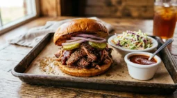 Texas pulled pork sandwich on a brioche bun with pickles, coleslaw and tangy sauce